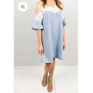 POL Blue Off-Shoulder Dress with White Lace